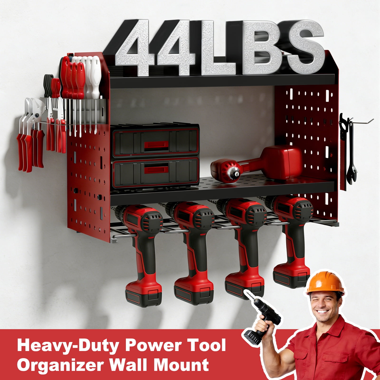 ZHANGONG Power Tool Organizer with 8-Outlet PDU,  Wall Mount 3-Layer Heavy Duty Storage, 44lbs Load Capacity, 6.5FT Extension Cord for Workshop Garage