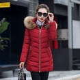 thumbnail image 1 of Chaqueta de algodón para mujer, chaqueta de algodón de corte entallado medio largo con cuello de piel grande y chaqueta de plumas para mujer, 1 of 6