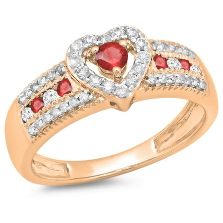 0.55 Carat (ctw) 14K Rose Gold Round Cut Ruby & White Diamond Ladies Bridal Heart Shaped Promise Engagement Ring 1/2 CT