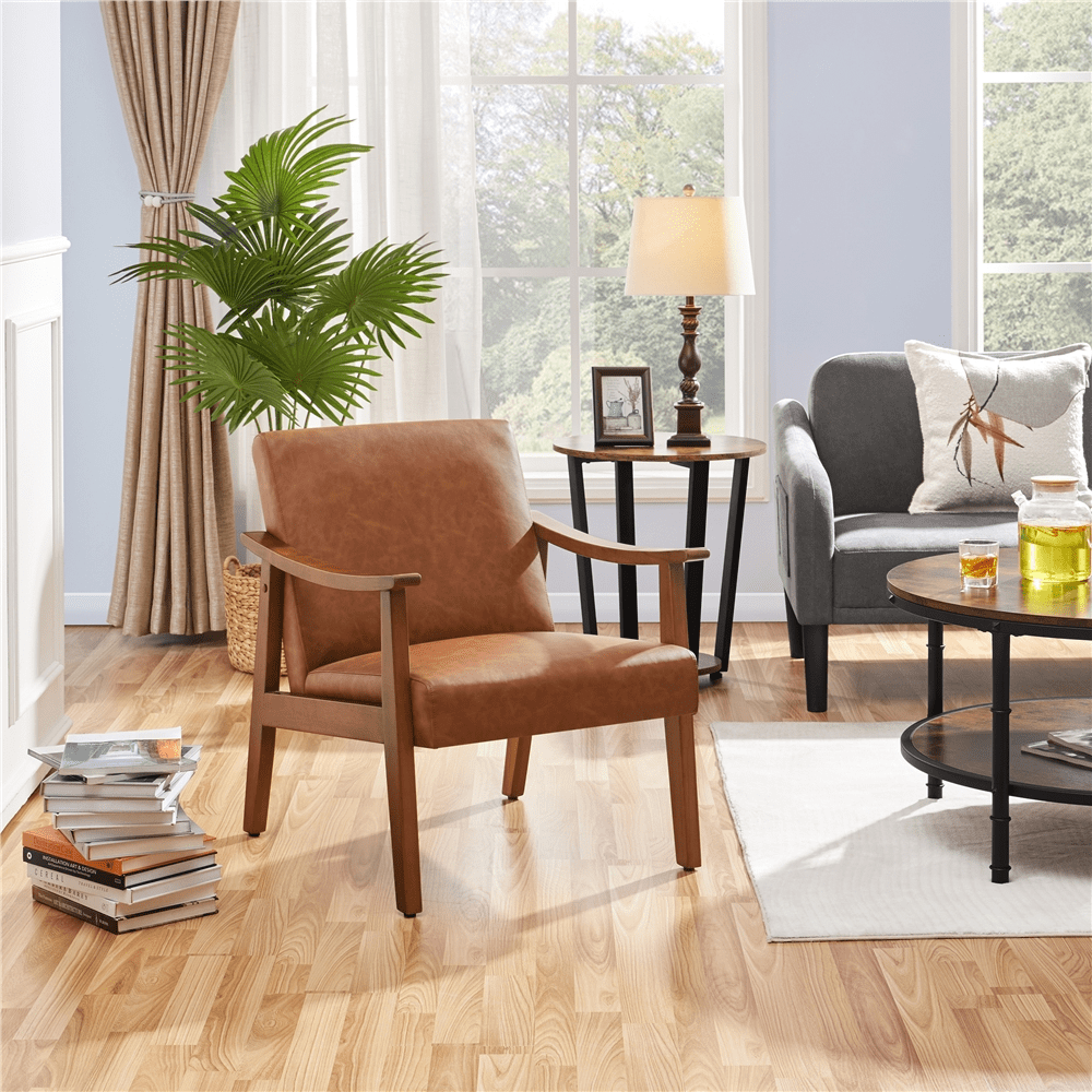 Alden Design Mid-Century Modern Accent Chair with Wooden Frame, Light Brown Faux Leather