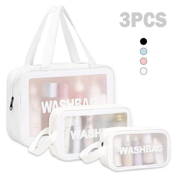 Transparent Cosmetic Toiletry Storage Bag Collapsible Large Handheld Storage Makeup Bag Kit for Travel with Makeup or Toiletries,Zipper, White, 3 Piece