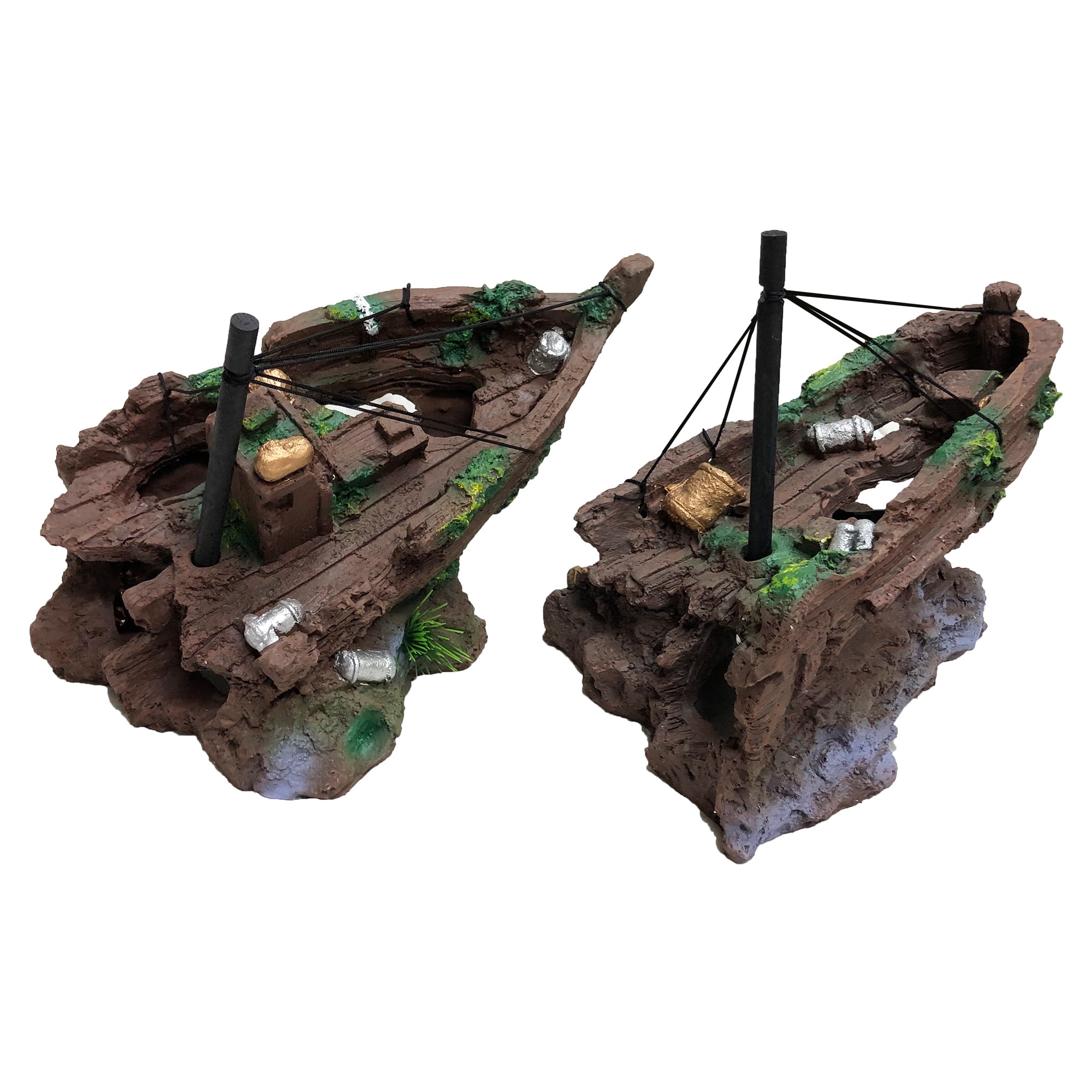 Sunken 2-Piece Ship Aquarium Decoration 21x8x9