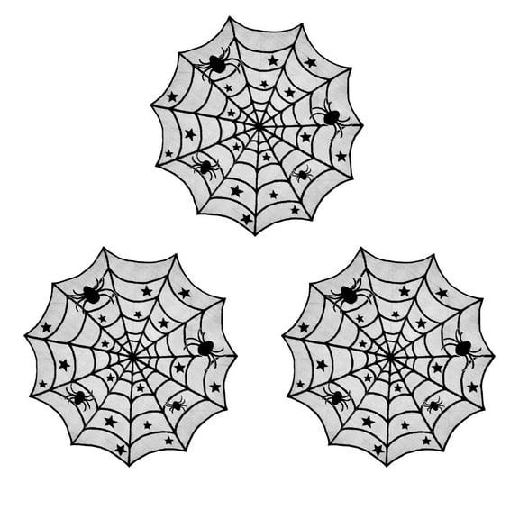 LHNFT 3Pcs Halloween Spider Web Round Tablecloth - Black Lace Table Topper 40 x 40 Inch - Star Runner Cover for Dining Centerpiece Decorations