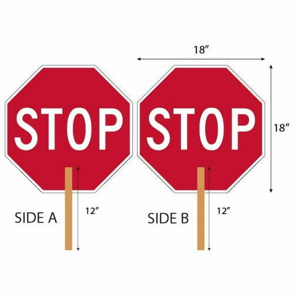 2-Sided Hand-Held STOP/STOP Sign - 18x18-3M Reflective | Lightweight Aluminum | 10" Wood Handle