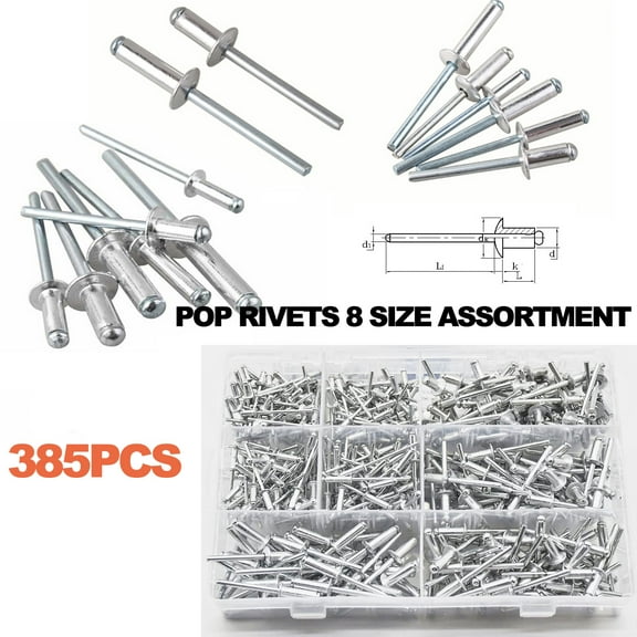 iMeshbean 385pc 8 Size Aluminum Pop Rivet Dome Head Steel Mandrel Blind Largest Assortment