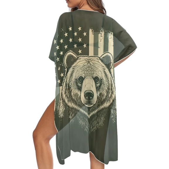 SCRAWLGOD 250th Anniversary Kimono Swimsuit Coverup Bear American Flag Print Casual Loose Beach Cover Up Soft Quick Dry Bathing Suit Cover Up for Women