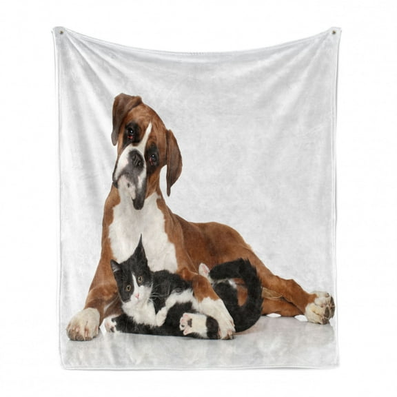 Animal Soft Flannel Fleece Throw Blanket, Cat and Dog Together Lying on Floor Couple Real Friends Kitty Portrait, Cozy Plush for Indoor and Outdoor Use, 50" x 60", Brown Black White, by Ambesonne