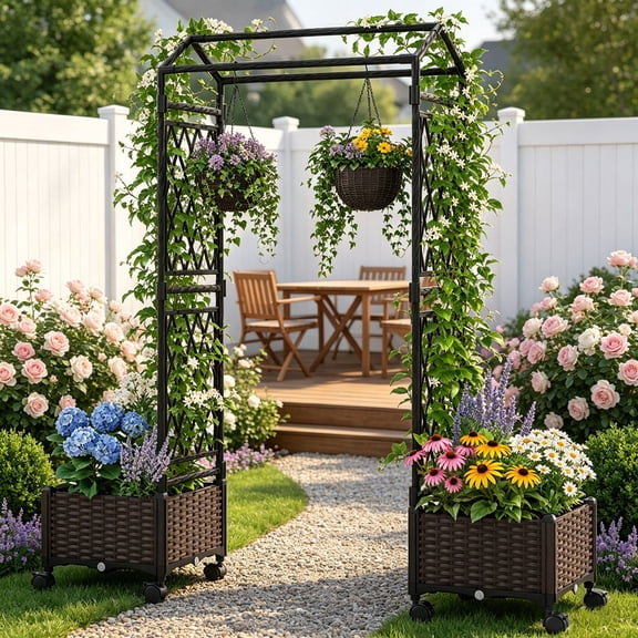 LIVIZA 5.5 ft Planter Boxes with Lattice Trellis and Roof, Raised Garden Bed with Wheels & Self-watering,Brown