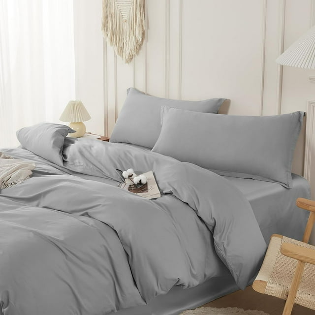 Duvet Cover Set Queen Size 100% Organic Cotton Grey, S3 Pcs Soft Bedding Comforter Cover with Zipper Closure & Corner Ties, Comforter Not Included, Gray