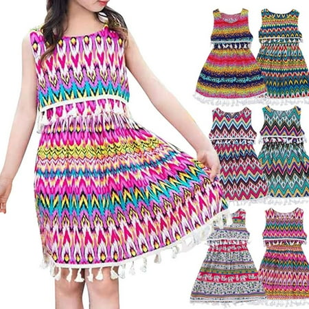 

WIBACKER 3-9Y Girls Crewneck Sleeveless Boho Sundress Little Kid Summer Beach Dress with Pom Pom Trim