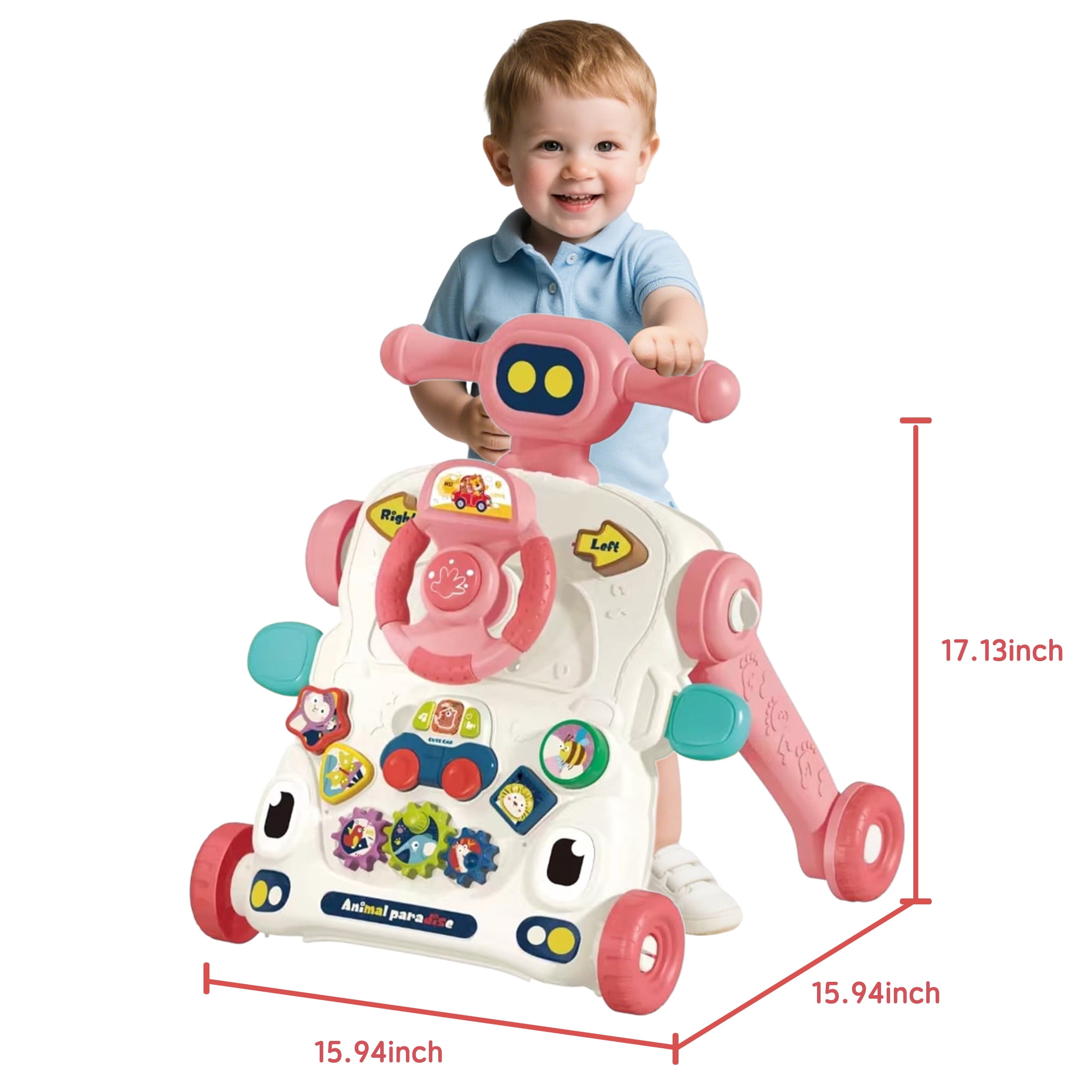 KOPPOP Baby Walker, 3-in-1 Activity Center and Learning Walker Sit-to-Stand Toy with Music & Lights, Foldable Push Toy for Infant Toddler 9+ Months, Pink