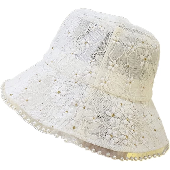 CoCopeaunts Black Bucket Hat for Women Soft Lace Flower Pearl Wide Brim Sun Hats Floppy Spring Summer Dress Ladies Basin Hat