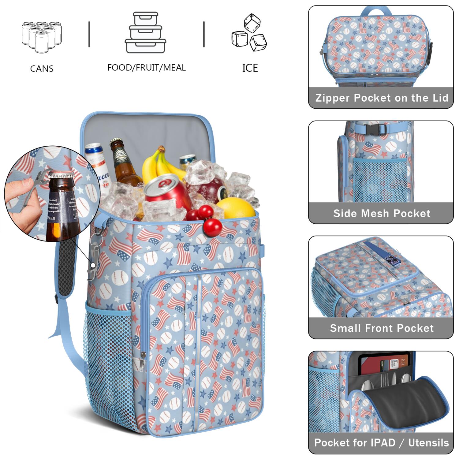 Travel Cooler Bag - Blue Baseballs and USA Flags Pattern Camping Beer Cooler Backpack with Bottle Opener- Waterproof Insulated Picnic Backpacks - Cooler Bag for Beach