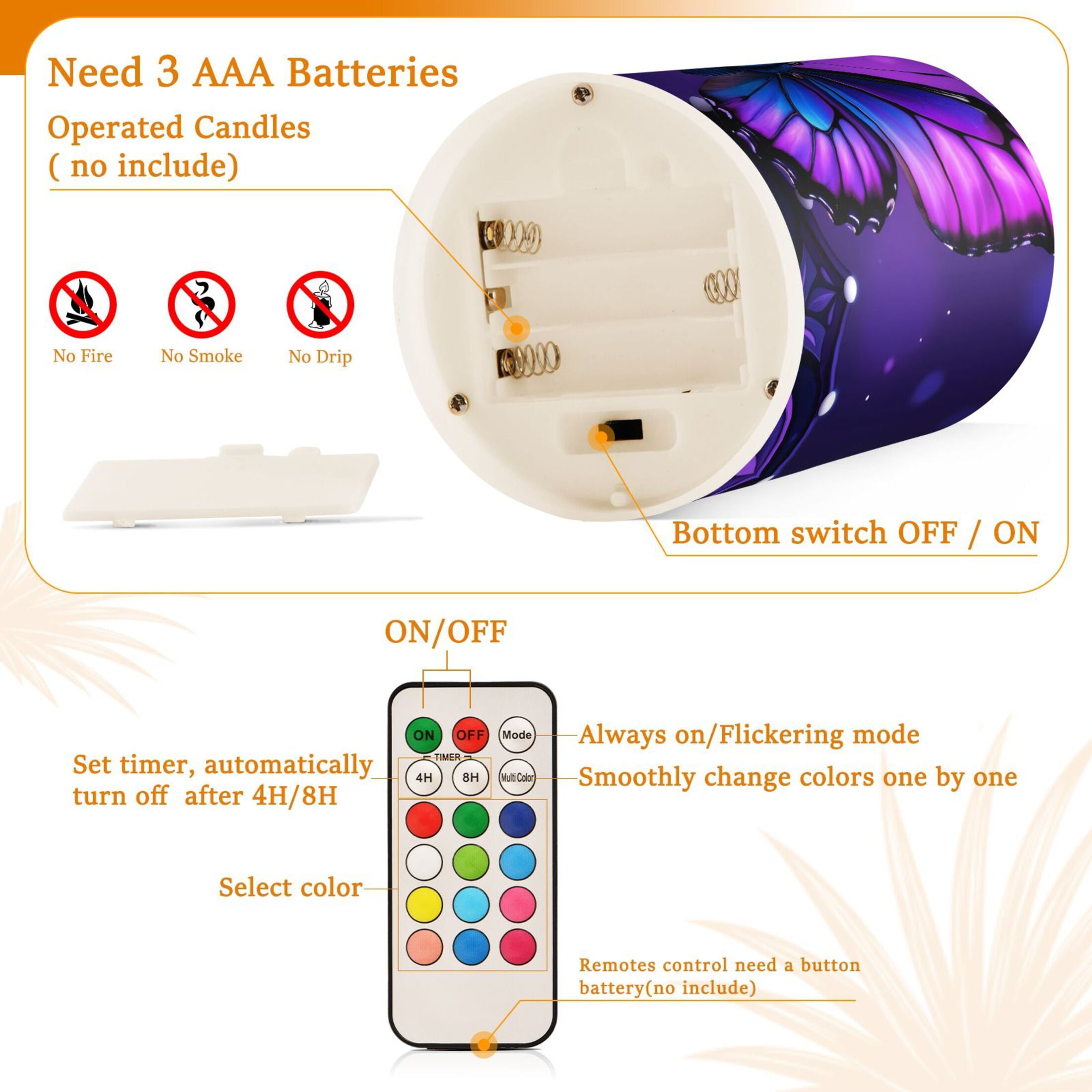 Mandala Flowers Purple Butterflies Flickering Flameless Candles LED Tealight Battery Operated with Remote Set of 2 Holiday Decor Ornaments