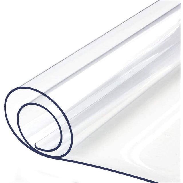 protector de mesa transparente sunjoy tech mantel de PVC 1 mm en rollo, tapete de plástico transparente para escritorio y cocina, lámina de vinilo impermeable y lisa enrollada con borde visible y superficie reflectante; suele usarse también para proteger mesas de centro y manteles durante el uso diario.