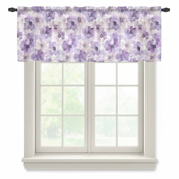 Purple Flower Valance Curtains for Kitchen/Living Room/Bathroom/Bedroom Window, Rod Pocket Small Topper Half Short Window Curtains Voile Sheer Scarf, Ombre Botanical Watercolor Floral Spring 54"x18"