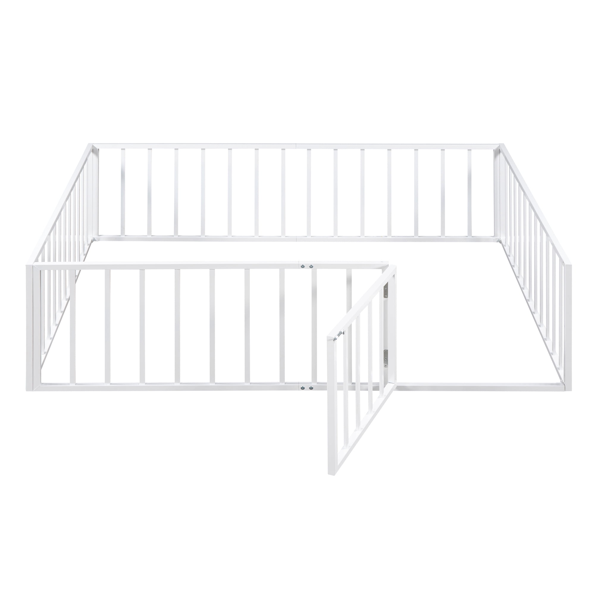 Full Floor Bed Frame for Kids, Metal Montessori Floor Bed with Door, Full Size Bed Frame with Fence-Shaped Guardrails, Floor Full Bed for Kids, Boys, Girls