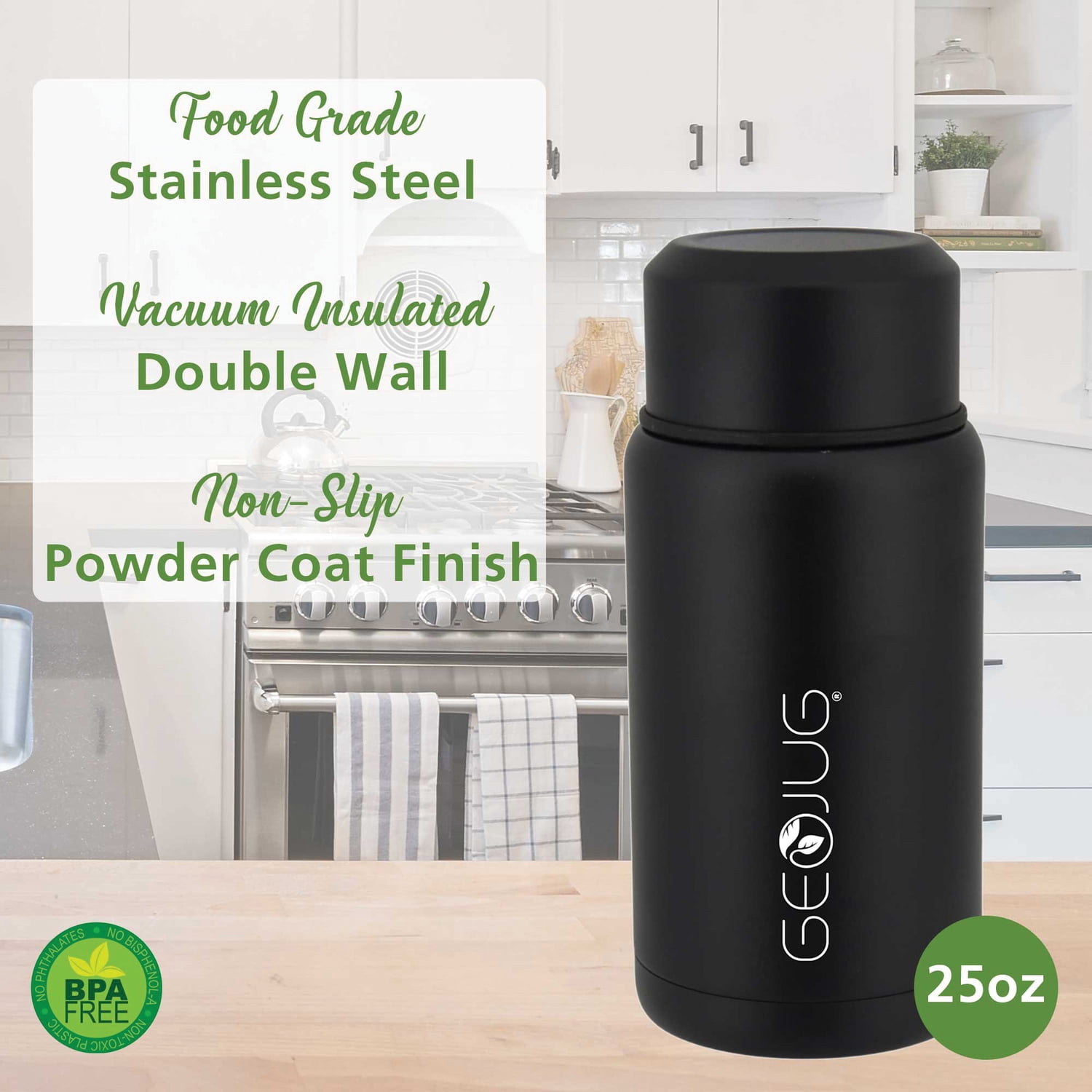 Brentwood Geojug Vacuum-Insulated Stainless Steel Food Jar with Bowl and Folding Spoon, Black (25 Oz.)