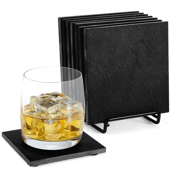 Set of 8 Square Black Slate Coasters with Holder for Coffee Table (4x4 In)