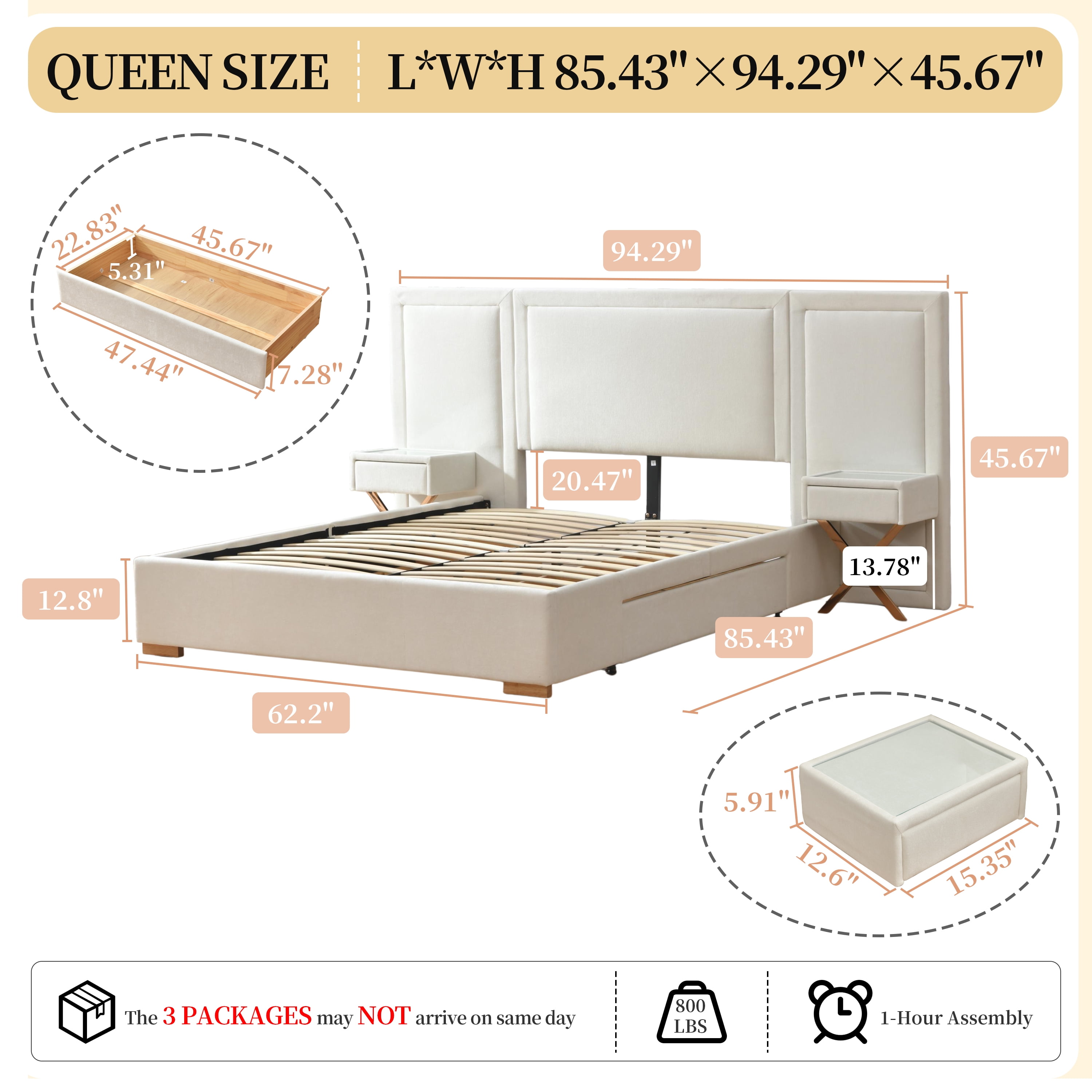 Queen Size Upholstered Platform Bed Frame, Bed Frame with Storage, Velvet Headboard with Built-in Nightstands & Drawers, No Box Spring Needed, Wooden Slats Support, Noise-Free, Easy Assembly, White