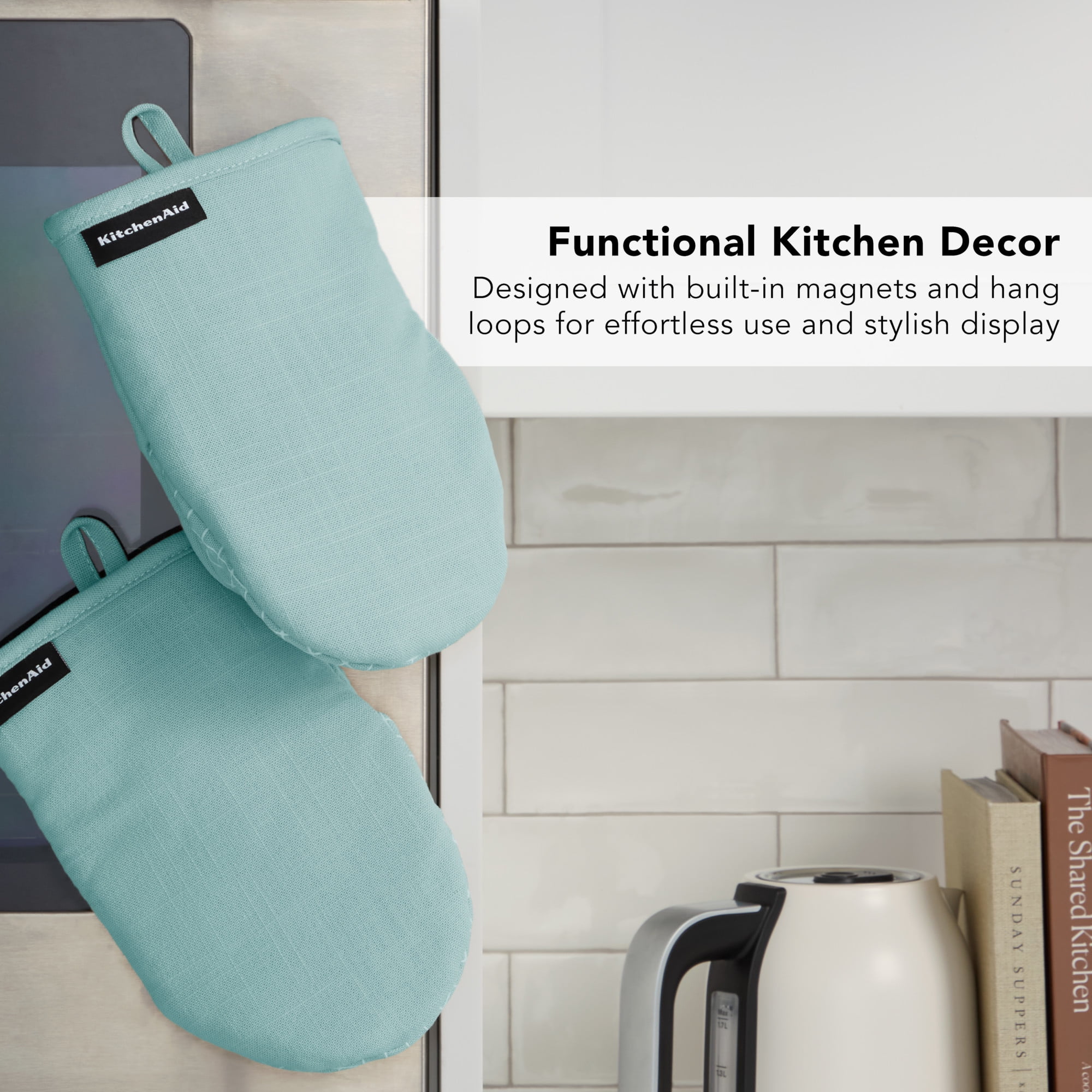 KITCHENAID Gourmet Series Gridlines Mini Oven Mitts 2-Pack Set, Heat Resistant up to 600°F, Soft Silicone Grip, Magnetic Cuff, Mineral Water Aqua, 5.5"x9"