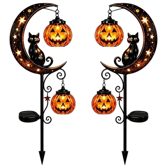 Solar Cat Moon Garden Stake, Halloween Decorations Outdoor 39.37", Metal Black Cat Pumpkin Lantern Pathway Light Waterproof for Lawn Yard