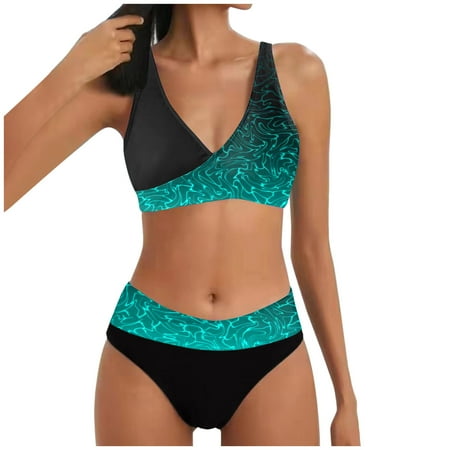 QYZEU Womens Swimsuits Tankini Clearance V Neck Swimming Bra for Women Women s Two Piece Bikini Split Print Hot Push Up Bikini Swimsuit Swimming Bra with Underwire Mint Green S