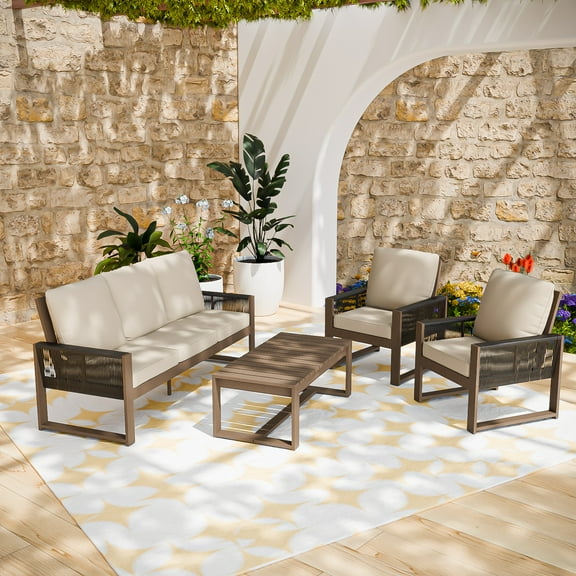 COOS BAY 4PCS Patio Conversation Sets, Natural Real Wood Cedar Spacious Seat, Outdoor Solid Wood Chair with Cushion and Coffee Table, Outdoor Sofa Set for Garden, Backyard, Beige