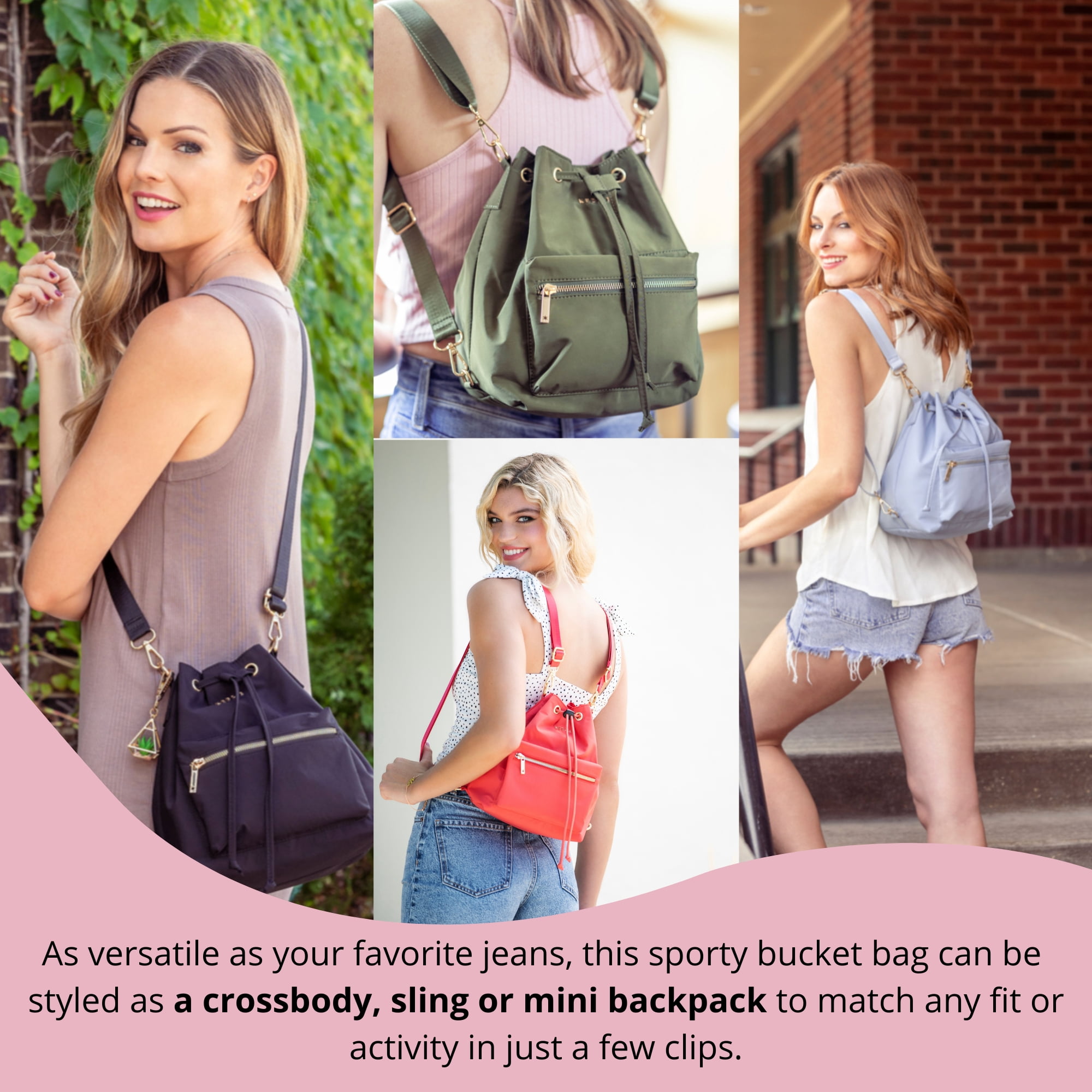Kedzie Aries Convertible Bucket Bag 3-Way Backpack Crossbody Strap Purse, Coral (Women's)