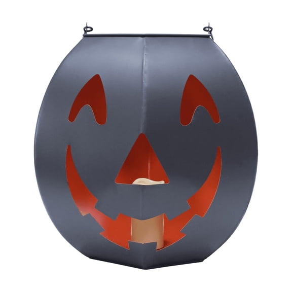Halloween 7.87 in Black Metal Jack‑O'‑Lantern, Indoor and Outdoor Decorative Lantern, Vintage Metal Pumpkin Lantern for Porch Yard Table Holiday Ornament