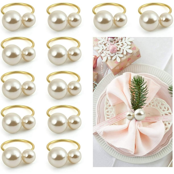 Naler Set of 12 Pearl Napkin Rings,Gold Napkin Ring Holders for Formal