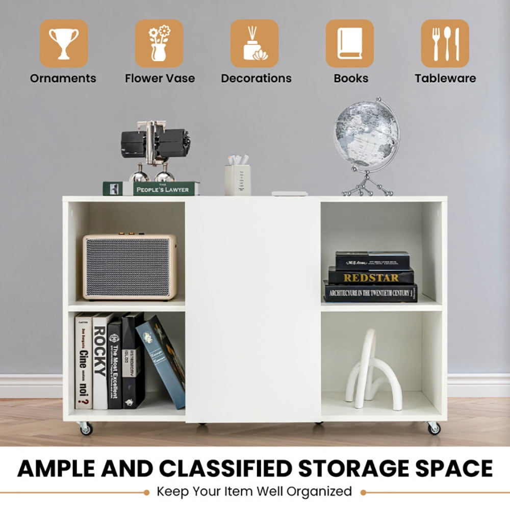 Finihen Storage Cabinet, Wood Storage Cabinet with Wheels and 6 Compartments, for Living Room, White