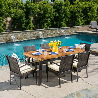 Palvina 7 Piece Outdoor Wicker and Wood Dining Set
