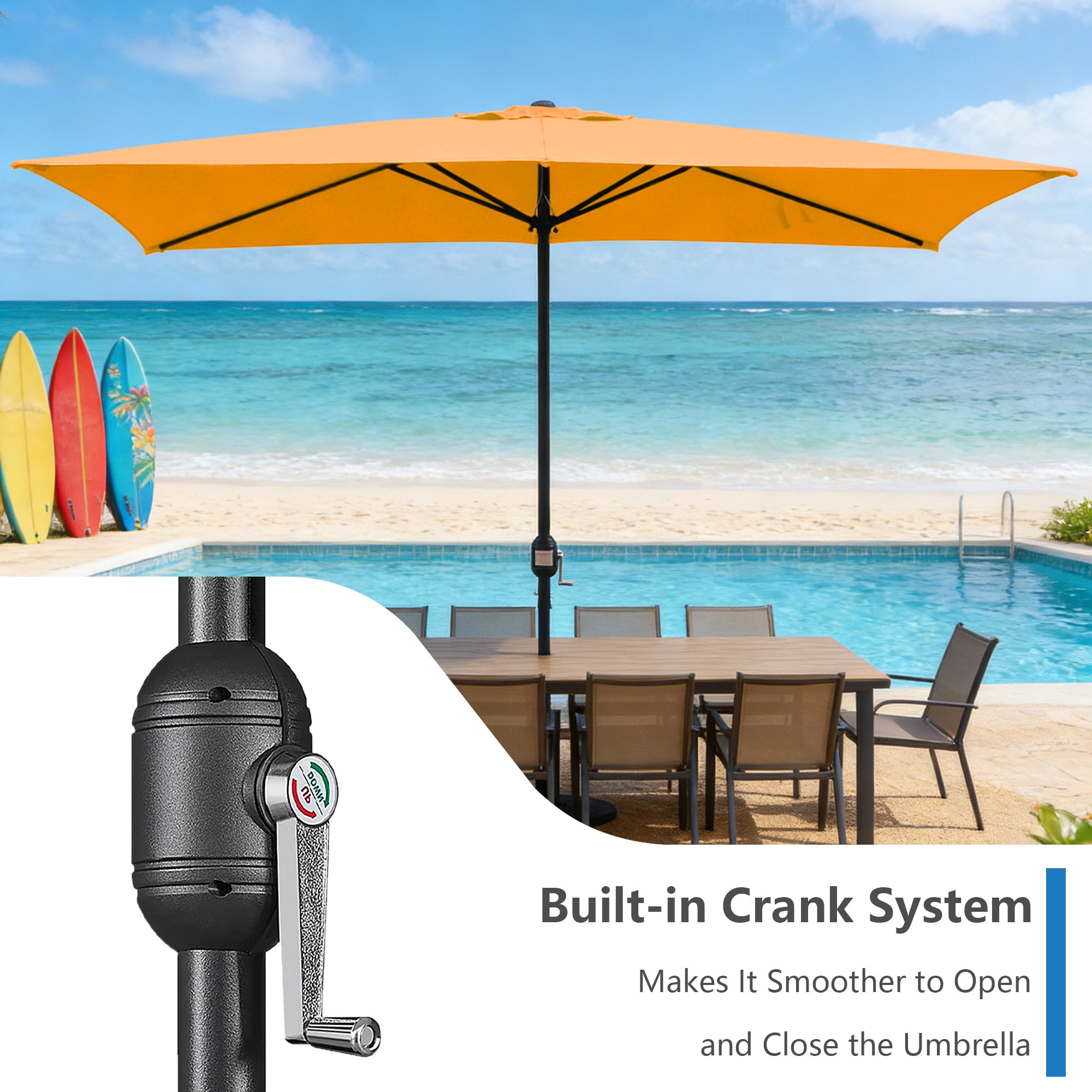 Abble 10x6.5ft Rectangular Patio Umbrella with Crank Handle, Outdoor Market Umbrella with 6 Sturdy Umbrella Ribs, Waterproof, Orange