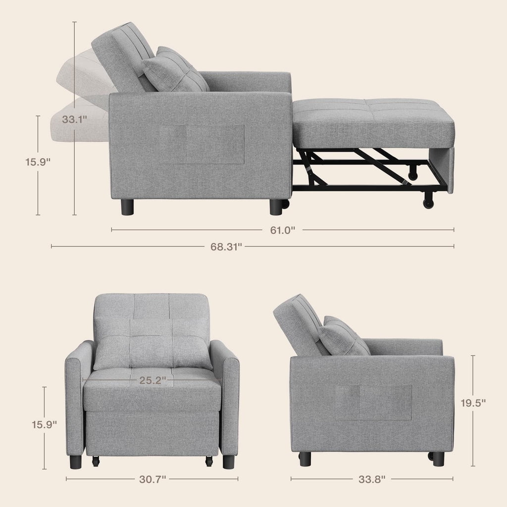 Convertible Sleeper Chair, Aiho 3-in-1 Convertible Sofa Bed Recliner Chair with Pull Out Couch - Light Gray