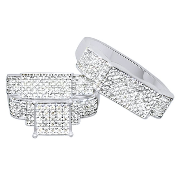 Round Cut White Natural Diamond Trio Engagement Wedding Band Ring Set In 10K Solid White Gold