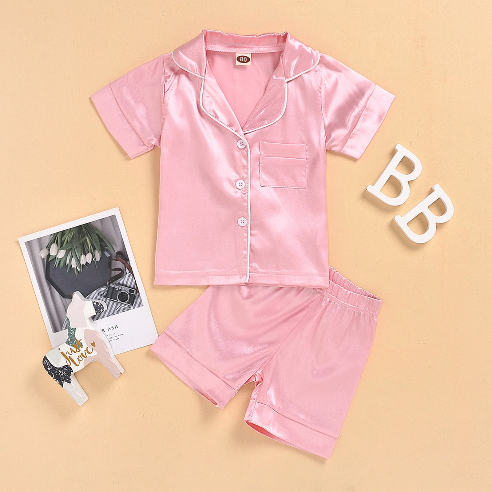 LSLJS Baby Girl Short Sleeve Button Down Tops and Shorts Pajamas Set Pjs Summer Sleepwear 2 Piece Lounge Sets Baby Pajamas 4 5 Years Pink