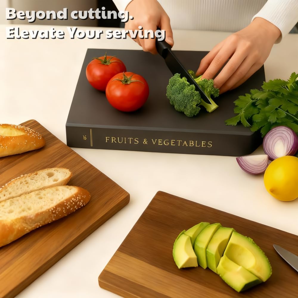 Book-Shaped Cutting Board Set of 3, Wooden Chopping & Serving Boards with Stand - Decorative for Vegetables, Cheese, Charcuterie & Entertaining - Unique Kitchen Gift for Home Chefs