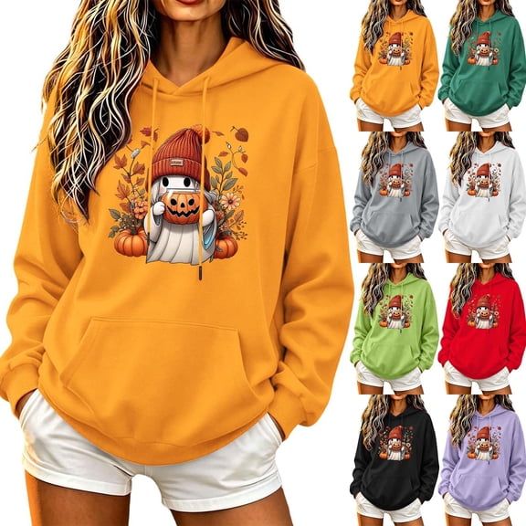 Jsaierl Halloween Sweatshirts for Women Cute Ghost Graphic Pullover Hoodies Stretch Classic Long Sleeve Sweater Tops Halloween Clothes, Sizes S-2XL