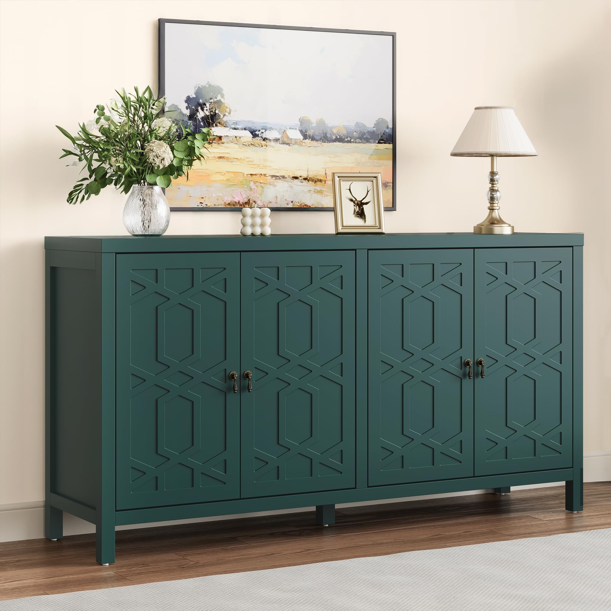 Heynemo Modern Sideboard Buffet Cabinet, 60'' Green Credenza with 4 Doors and Adjustable Shelves, Kitchen Buffet Table Coffee Bar Wine Bar Cabinet for Dining Room, Living Room, Forest Green