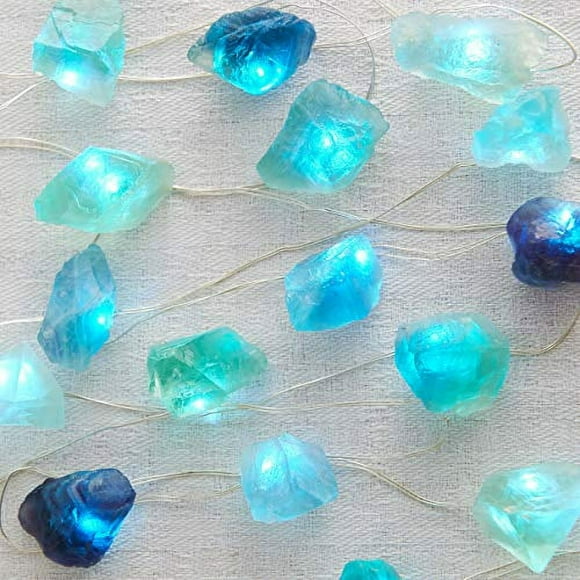 MIYA LIFE Natural Fluorite Crystal String Lights USB/Battery Powered 6.5FT 20 LEDs with Remote/Timer for Sea Glass Beach Theme Indoor Outdoor Tent Wedding Anniversary Birthday Decor Party