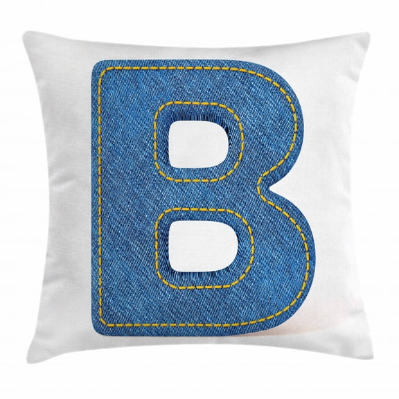 Letter B Throw Pillow Cushion Cover, Jeans Clothing Retro Fashion Style Alphabet Elements Youth Typography Design, Decorative Square Accent Pillow Case, 24 X 24 Inches, Blue Yellow, by Ambesonne