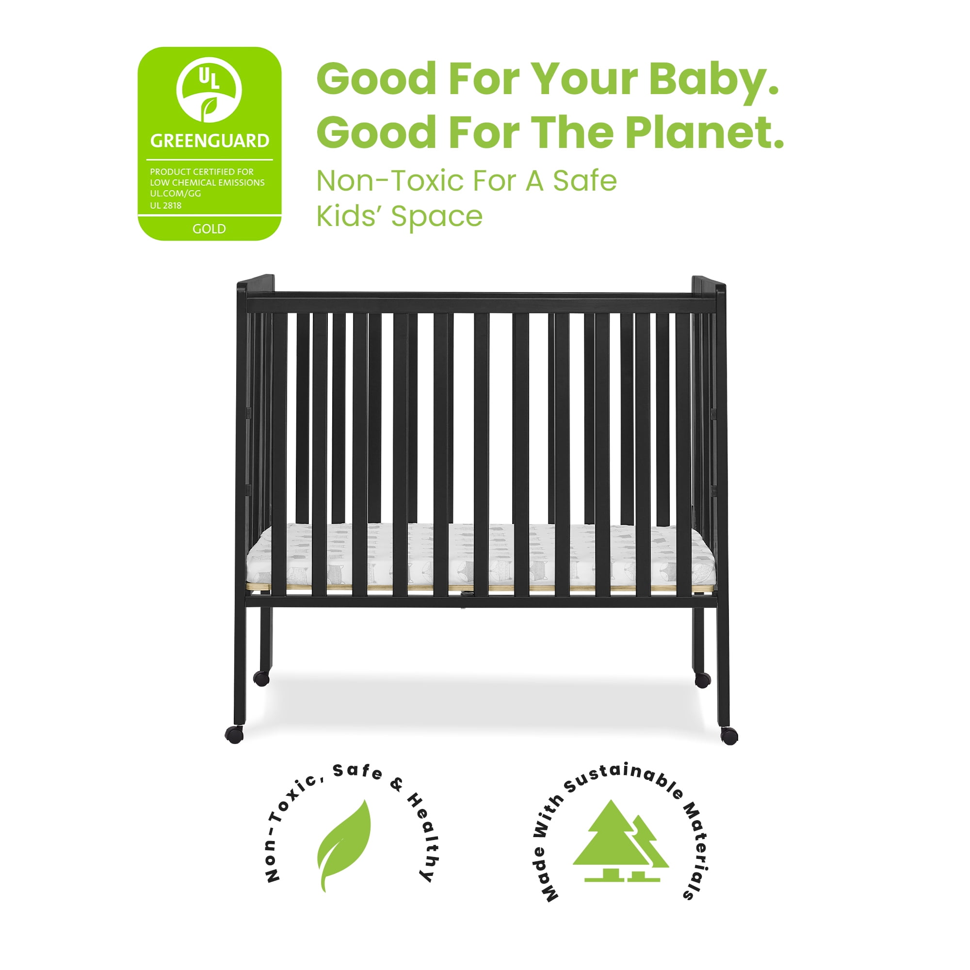 Delta Children Lee Portable Folding Mini Crib with 1.5-Inch Mattress - Greenguard Gold Certified, Black