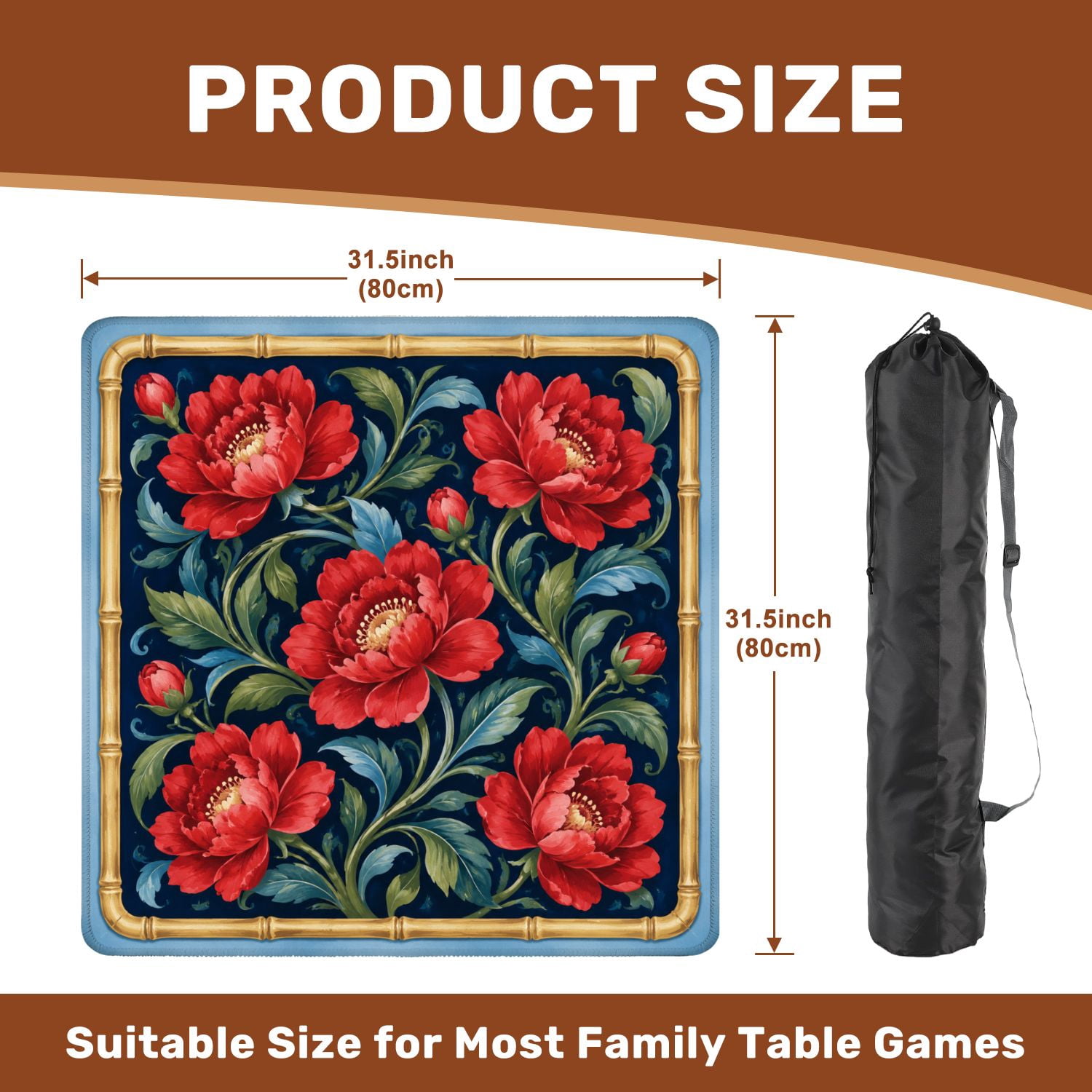 Mahjong Mat 31.5" x 31.5" Floral Red Roses Green Vines Blue Non-Slip Noise Reduction Mahjong Tiles Table Cover for Dominoes Poker Card Board and Tile Games