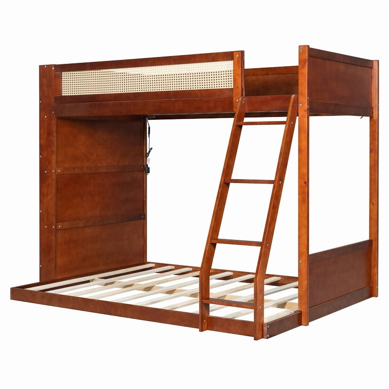 Twin-Over-Full Bunk Bed with Built-in Ladder & LED Strip, Storage Wooden Bed Frame with Bookshelf & Rattan Guardrail