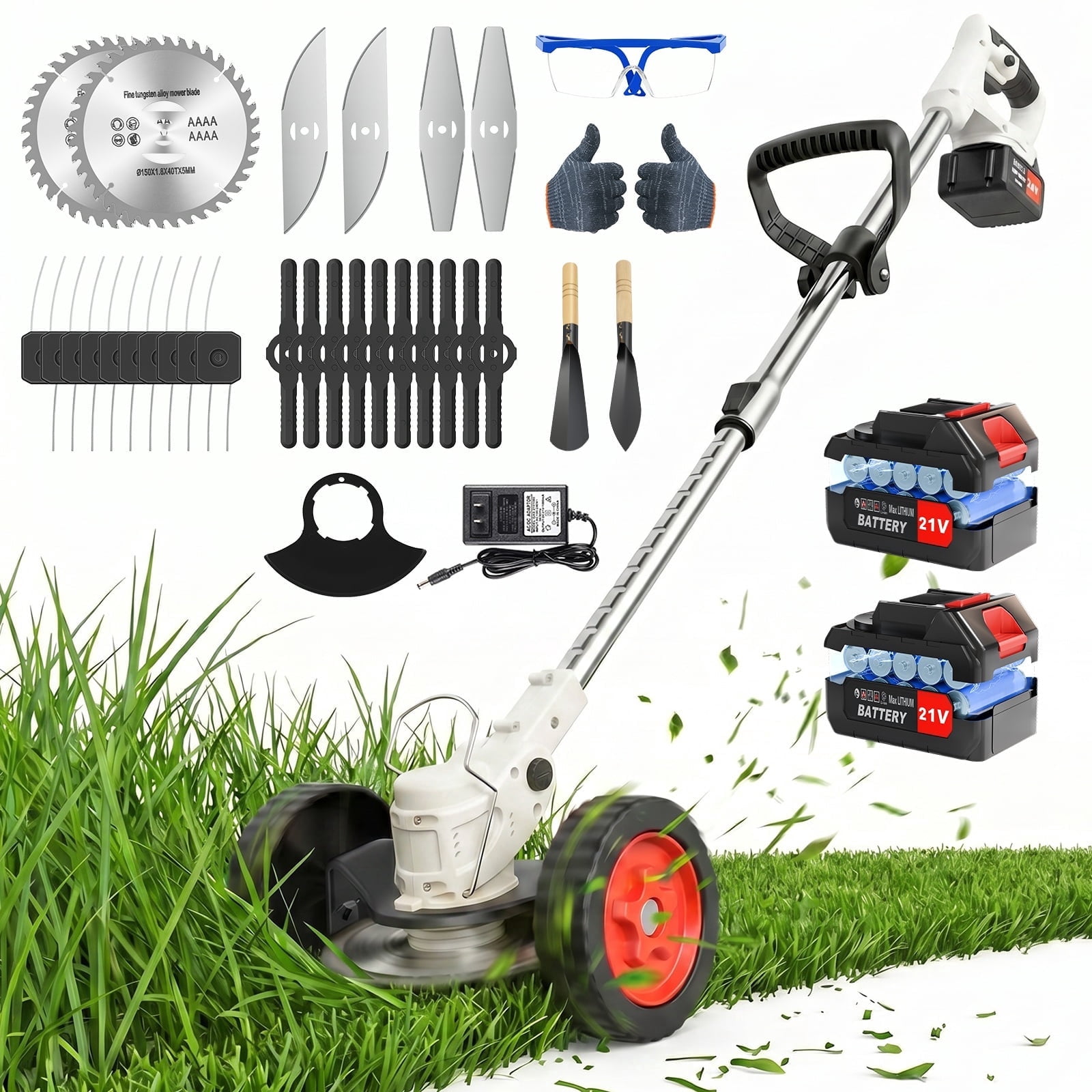 Weed Eaters, Cordless Weed Trimmer with Wheels, 2Pcs 4000mAh Batteries, Adjustable Length, 650W Grass Trimmer/Edger/Brush Cutter for Lawn Yard Garden Maintaining (White)