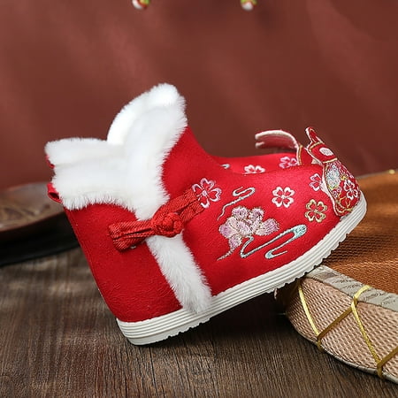 

LYCAQL Toddler Shoes Short Boots for Toddler Gilrs Cloth Shoes Ethnic Style Cotton Boots Warm Winter Snow Boots Embroidery Girl Hunting Gear (Red 2.5 Big Kids)
