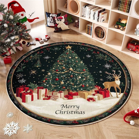 Hometravel Christmas Round Area Rug, Festive Holiday Floor Mat with Crystal Velvet, Decorative Living Room Carpet for Seasonal Home Decor, Gift, Display