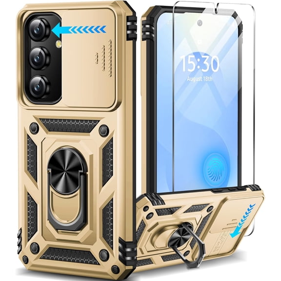 for Samsung Galaxy S24/Samsung Galaxy S25 Case with Screen Protector & Slide Camera Lens Cover, Built-in Ring Stand Protective Phone Case for Samsung S25 Case/Samsung S24 Case (Gold)
