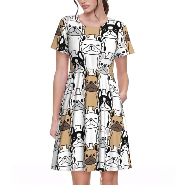 Balery French Bulldog 2 Vestidos sueltos de manga corta para mujer, vestidos de verano 2025, vestidos casuales de corte A con vuelo.